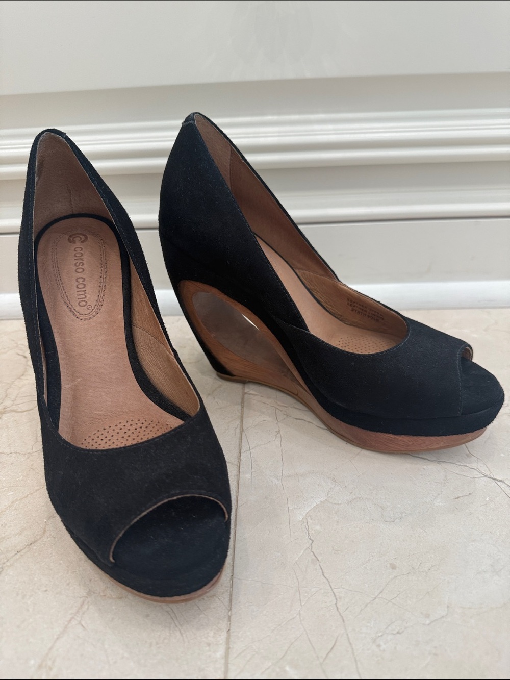 Corso Como Black Suede Peep Toe Wedges with Wood-Look Heel